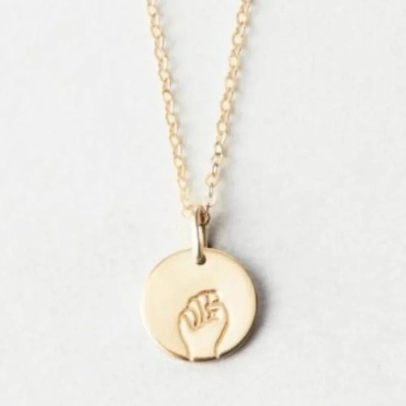 "Resist" Sign Language Gold Charm Disc Necklace - Picture 1 of 8